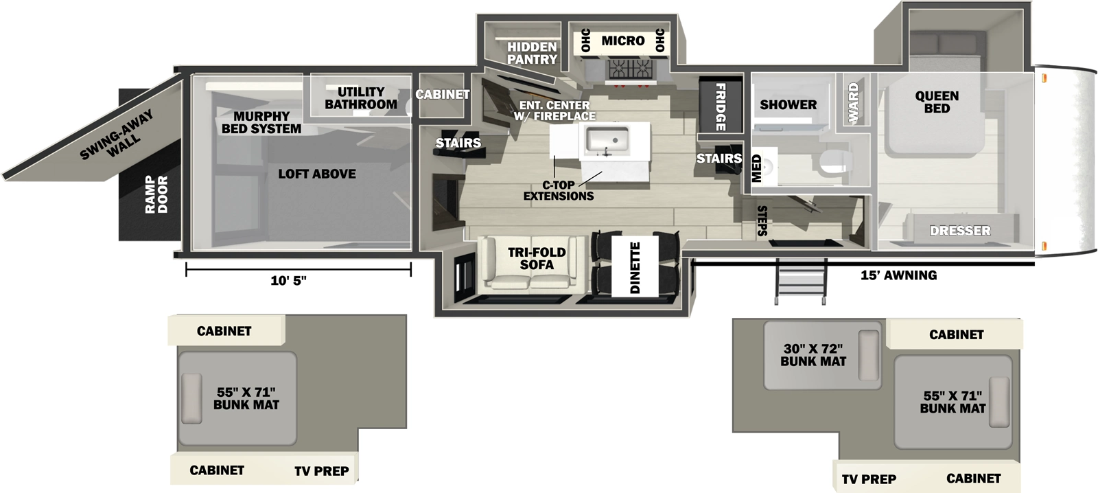 The Rogue Store 397STORE floorplan is a toy hauler that has one entry and three slide outs. Exterior features include: fiberglass exterior and 15' awning. Interiors features include: loft, kitchen island, free-standing dinette option, front bedroom, murphy bed and bathroom and a half.